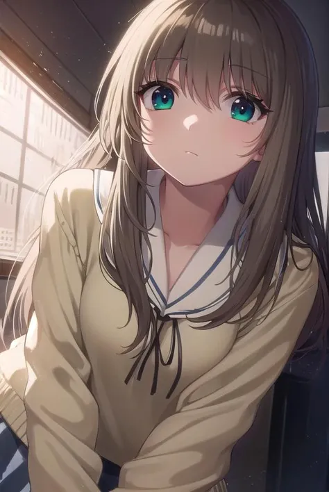 sarasoujushirogane, <lora:sara souju shirogane s1-lora-nochekaiser:1>,
sara souju shirogane, long hair, ribbon, brown hair, (green eyes:1.3), ahoge,
BREAK skirt, long sleeves, school uniform, serafuku,
BREAK indoors, classroom,
BREAK looking at viewer, (cowboy shot:1.5)
BREAK <lyco:GoodHands-beta2:1>, (masterpiece:1.2), best quality, high resolution, unity 8k wallpaper, (illustration:0.8), (beautiful detailed eyes:1.6), extremely detailed face, perfect lighting, extremely detailed CG, (perfect hands, perfect anatomy),