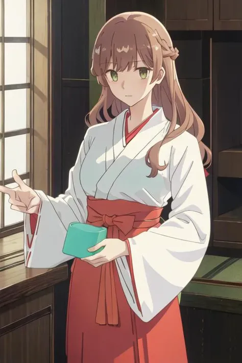 best quality, masterpiece, highres, solo, {white kimono:1.35}, {red hakama:1.35}, {wide sleeves:1.20}, {saeki_sayaka_yagatekimininaru:1.15}, long_hair, brown_hair, braid, green_eyes, bow