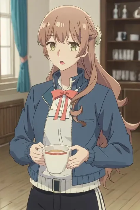 best quality, masterpiece, highres, solo, {saeki_sayaka_yagatekimininaru:1.15}, long_hair, brown_hair, braid, green_eyes, bow, 1girl, blurry_background, jacket, looking_at_viewer, track_jacket, bangs, blurry, hair_ornament, indoors, portrait, anime_coloring, blue_jacket, closed_mouth, hair_scrunchie, open_mouth, ponytail, scrunchie, yellow_scrunchie