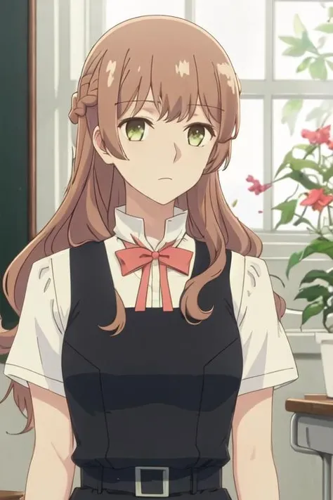 best quality, masterpiece, highres, solo, {saeki_sayaka_yagatekimininaru:1.15}, long_hair, brown_hair, braid, green_eyes, bow, 1girl, bowtie, closed_mouth, expressionless, french_braid, indoors, looking_at_viewer, school_uniform, bangs, upper_body, window, neck_ribbon, ribbon, shirt