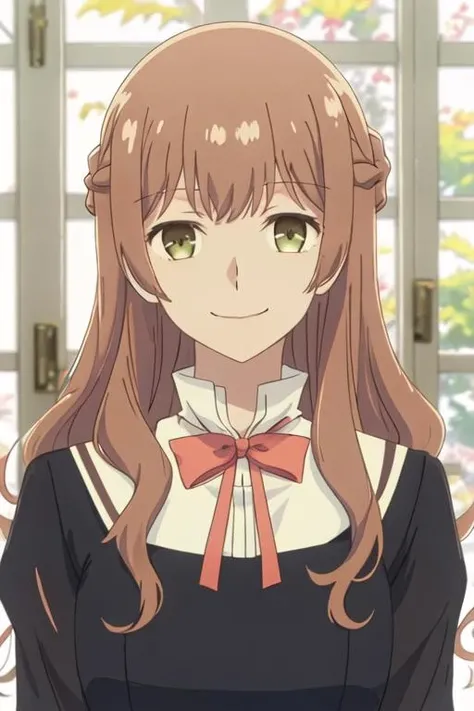 best quality, masterpiece, highres, solo, {saeki_sayaka_yagatekimininaru:1.15}, long_hair, brown_hair, braid, green_eyes, bow, 1girl, school_uniform, window, smile, bowtie, french_braid, upper_body, portrait, ribbon, shirt