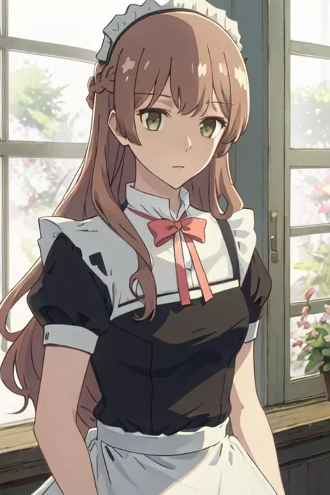 best quality, masterpiece, highres, solo, {maid:1.40}, {long maid dress:1.15}, {saeki_sayaka_yagatekimininaru:1.15}, long_hair, brown_hair, braid, green_eyes, bow