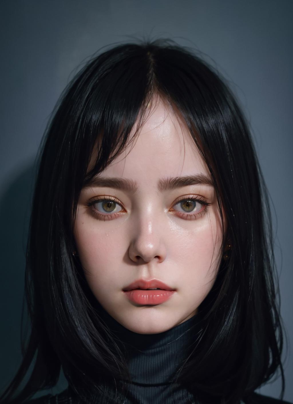 A woman with long black hair and a turtle neck top - SeaArt AI