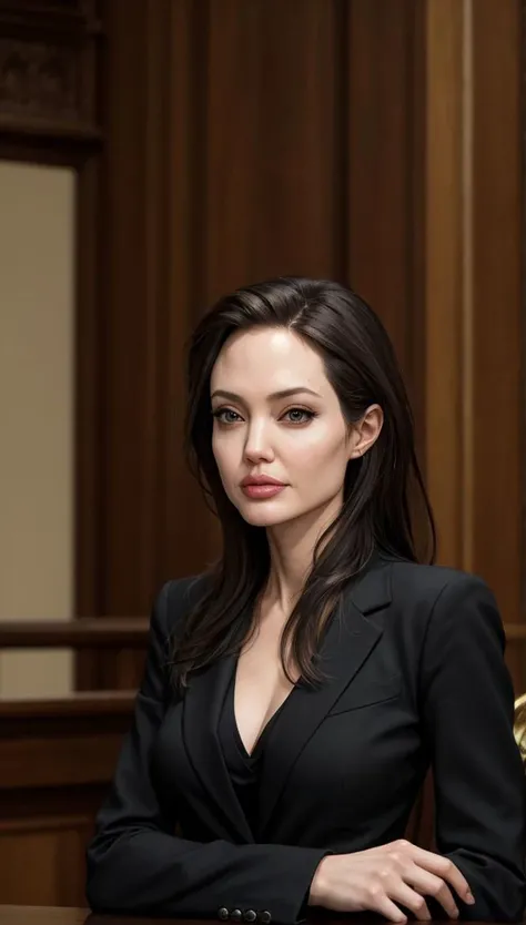 high quality, ultrarealistic, 4k, Angelina Jolie, at the court, black suit