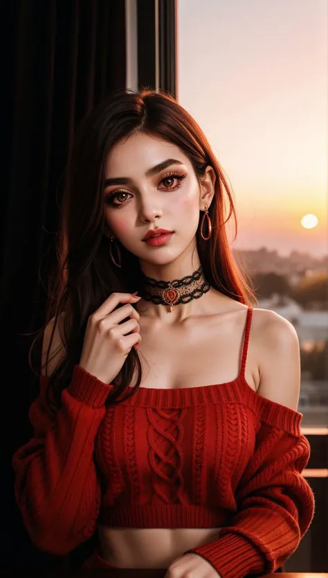 1 young cute iranian girl, very slim, skinny, redhead, rouge, red neck lace choker, cateyes makeup, colorful, oversize knit jumper, softcore, warm lighting, cosy atmosphere, Instagram style, red theme, upper body shot,(cinematic, black and red:0.85), (sunset beautiful background:1.3), sharp, dim colors