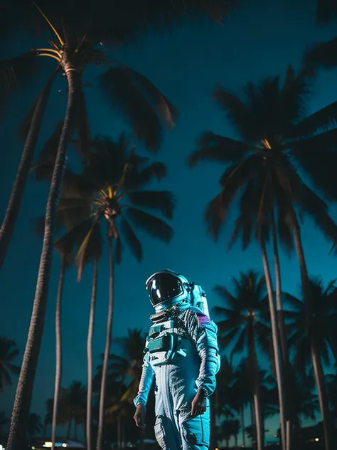 a man in a space suit standing in front of palm trees.