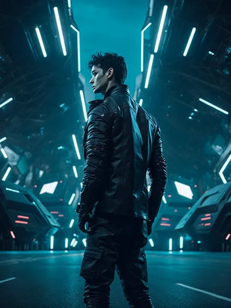 a man standing in front of a futuristic city.