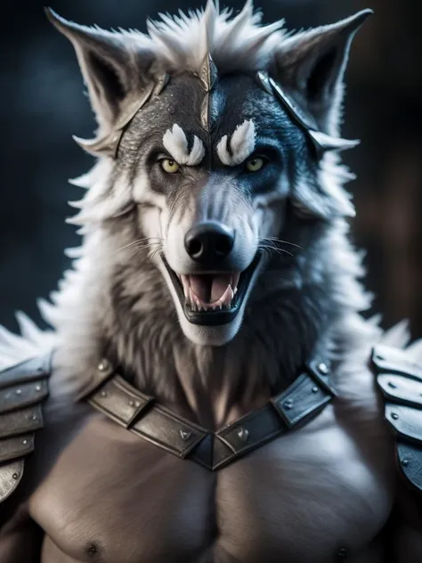 award-winning portrait photo of werewolf, werecreature, wolf, mage, wizard, viking, fur armour, leather armour, bare chested, white furry chest, 80mm, f/1.8, bokeh, depth of field, close up, sacred clothing, royalty, stern, directed gaze.