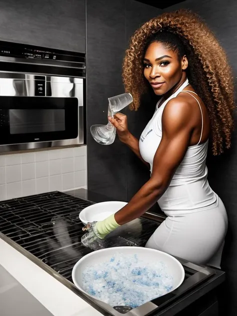 Masterpiece, Best Quality, Serena Williams is washing the dishes, award winning, stunning photography.