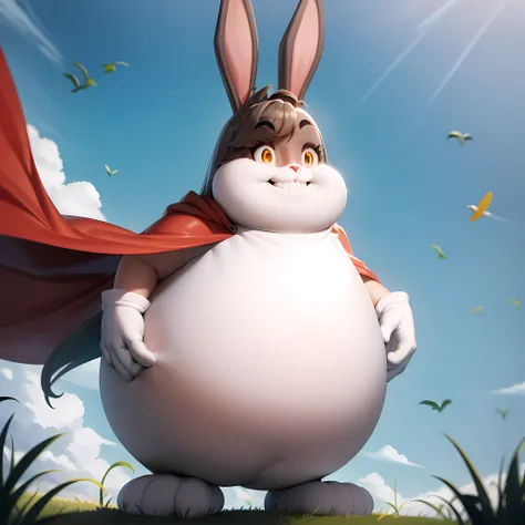 ((masterpiece, best quality)),(complex light), full body, solo, chungus, <lora:Big_Chungus1-10:0.6>,sky, fat, rabbit, rabbit teeth, white gloves,  smirk, glowing eyes, floating, red cape,