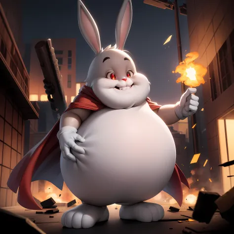 ((masterpiece, best quality)),(complex light), full body, solo, chungus, <lora:TheGooder_Big_Chungus1-1:0.6>,sky, fat, rabbit, rabbit teeth, white gloves, smirk, glowing eyes, floating, red cape, dark lighting, destroyed debris background, red eyes, no humans