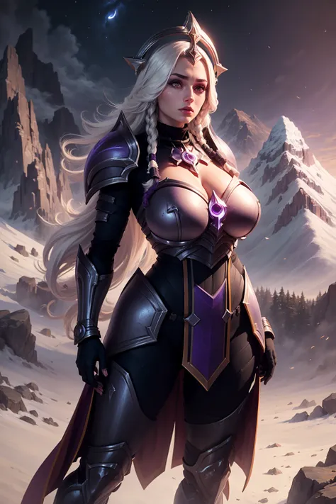 (Female chest covered)(smile) Gray skin, pale golden hair and violet eyes. She prefers clothing of white and silver with cloaks of deep blue or purple, village background, huge_knockers ((very precise detailed)) ((highres)