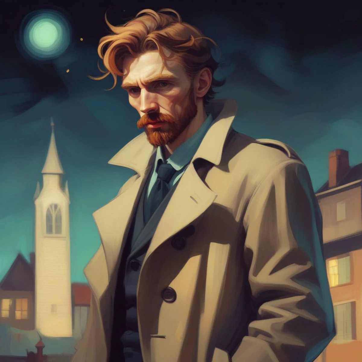 (stylized by Lois van Baarle:1.2) and Vincent van Gogh, [, 1950'S burly traditional Art Nouveau Jon Bon Jovi, Robot, wearing Instinctive Trench coat, Moonlight::8]