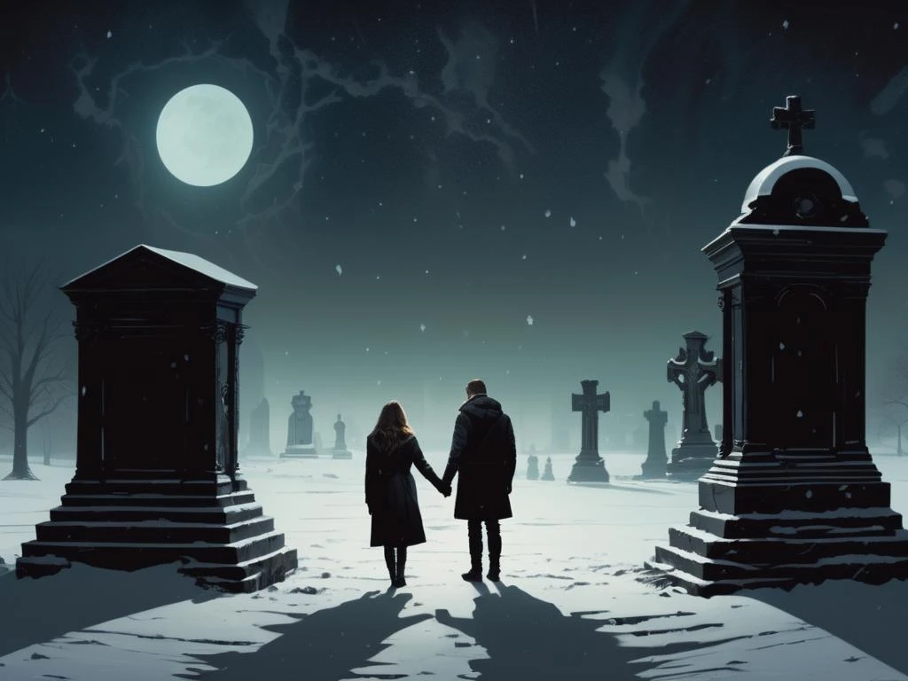 loneliness, affection, (masterpiece,best quality:1.5), Style of Joao Ruas,glow in the dark ( \lisa minci (genshin impact)\, Confused, Blender,Snowing,Serbian,Necropolis