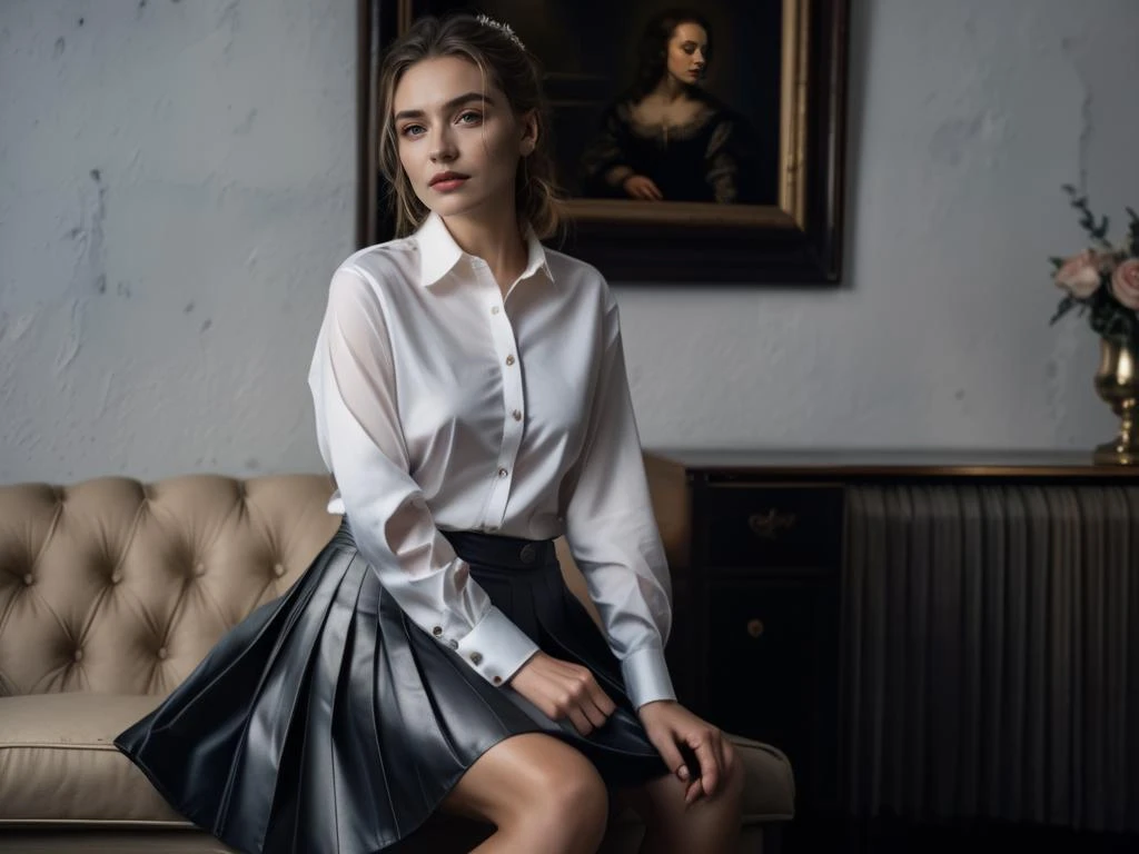 loneliness, affection, (masterpiece,best quality:1.5),ultra realistic,32k,RAW photo,(high detailed skin:1.2), 8k uhd, dslr, soft lighting, high quality, film grain,Nikon Z9 , pleated skirt , button down shirt ,pretty lady , royal style, silver accessories,