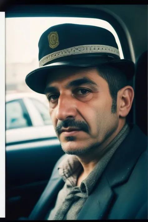 Viewfinder Photography of an award winning, Absurd traditional Turkish Male Taxi driver, [ (by Ed Brubaker:1.2) : Michael Kutsche:9], ultrafine detailed, soft light, double exposure, Polaroid, F/5, silhouette