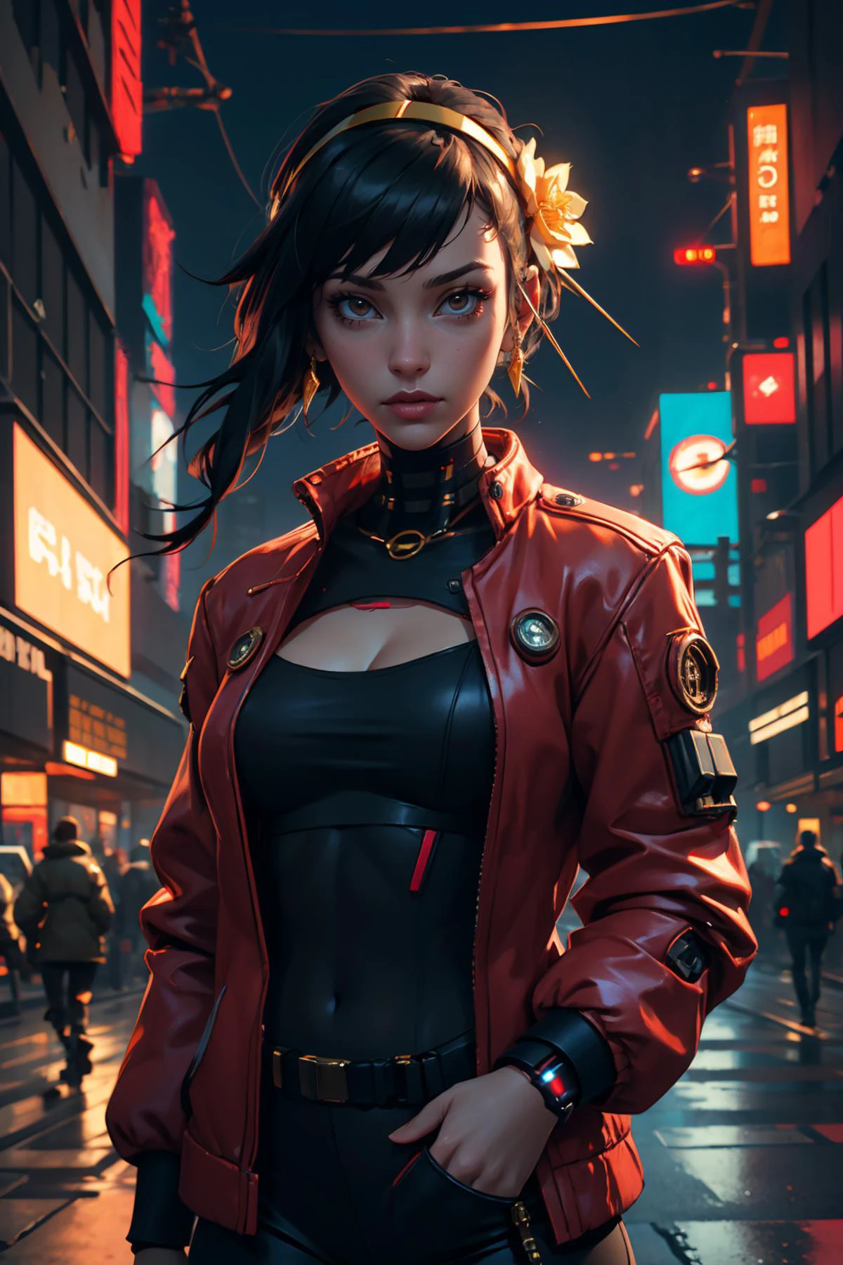 highres, masterpiece, realistic, perfect lighting, bloom, cinematic lighting, adult, female, looking at viewer, (cyberpunk, cybernetic:1.2), <lora:YorForger-sver:0.8> yor briar,hair flower,gold hairband, red jacket