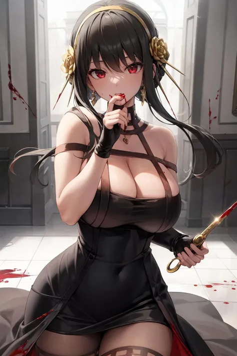 masterpiece, best quality, <lora:YorForger-sver:1>,yor briar, 1girl, weapon, blood, holding, knife, flower, two-sided dress, gold hairband, broken glass, looking at viewer, holding weapon, dagger, solo focus, glass, checkered floor, blood on weapon, hair flower