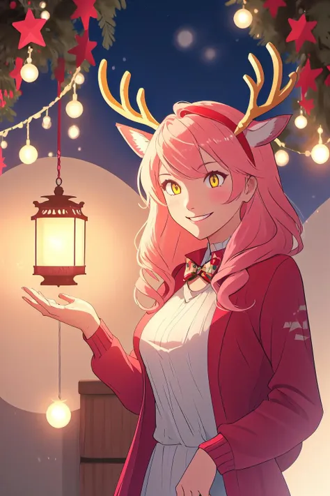 <lora:SantasReindeerGirl-step00001700:1>, rgv1, reindeer antlers, fake antlers, deer ears, 1girl, smile, cowboy shot, volumetric lighting, pink hair, yellow eyes, <lora:DerpixonStyle:1>