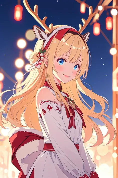 <lora:SantasReindeerGirl-step00001700:1>, rgv1, reindeer antlers, fake antlers, deer ears, 1girl, smile, cowboy shot, volumetric lighting, blue eyes, blonde hair, blunt bangs