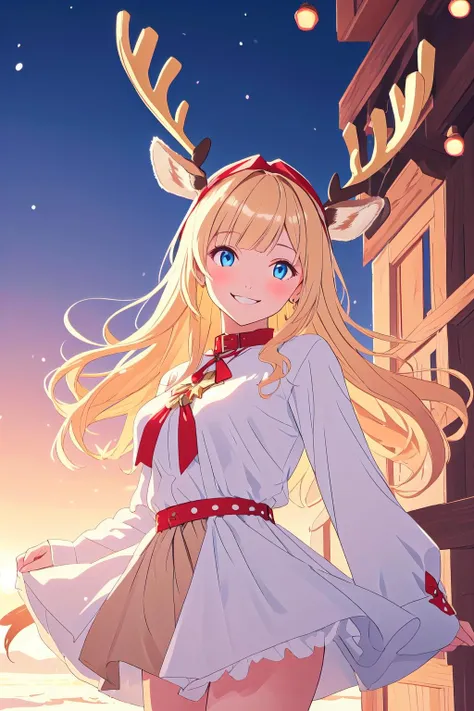 <lora:SantasReindeerGirl-step00001700:1>, rgv1, reindeer antlers, fake antlers, deer ears, 1girl, smile, cowboy shot, volumetric lighting, blue eyes, blonde hair, blunt bangs