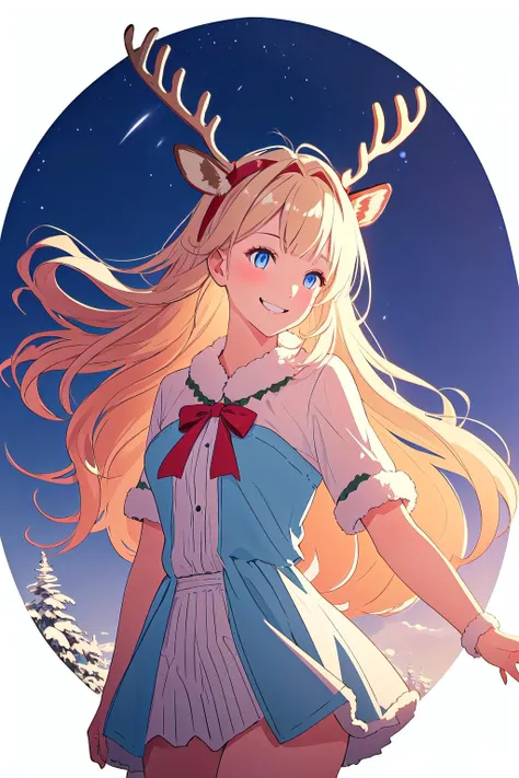 <lora:SantasReindeerGirl-step00001700:1>, rgv1, reindeer antlers, fake antlers, deer ears, 1girl, smile, cowboy shot, volumetric lighting, blue eyes, blonde hair, blunt bangs