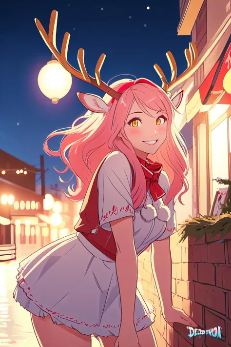 <lora:SantasReindeerGirl-step00001700:1>, rgv1, reindeer antlers, fake antlers, deer ears, 1girl, smile, cowboy shot, volumetric lighting, pink hair, yellow eyes, <lora:DerpixonStyle:1>