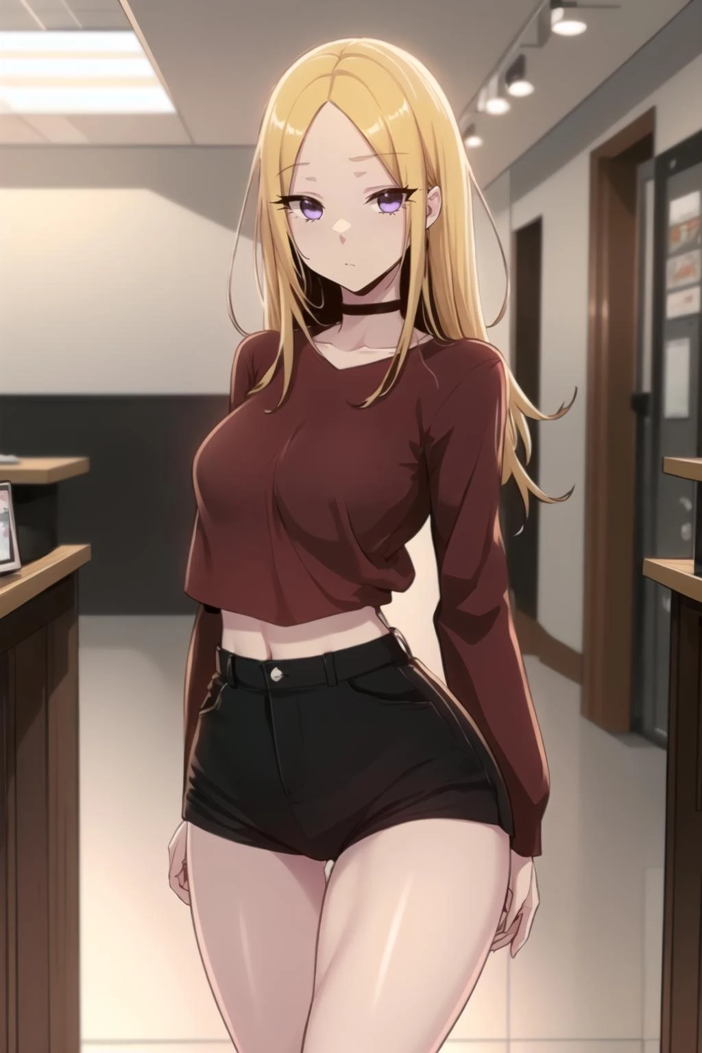 <lora:SuHyun_SSG:1> suhyundef, blonde hair, purple eyes, long hair, looking at viewer,
standing, upper body, arms at sides, thigh gap, black shorts, short shorts, red shirt, long sleeves, black choker,
masterpiece, best quality,