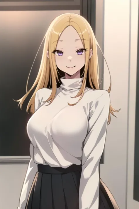 <lora:SuHyun_SSG:1> suhyundef, blonde hair, purple eyes, long hair, looking at viewer,
standing, upper body, turtleneck sweater, white shirt, black skirt, pleated skirt, arms at sides, smile,
masterpiece, best quality,