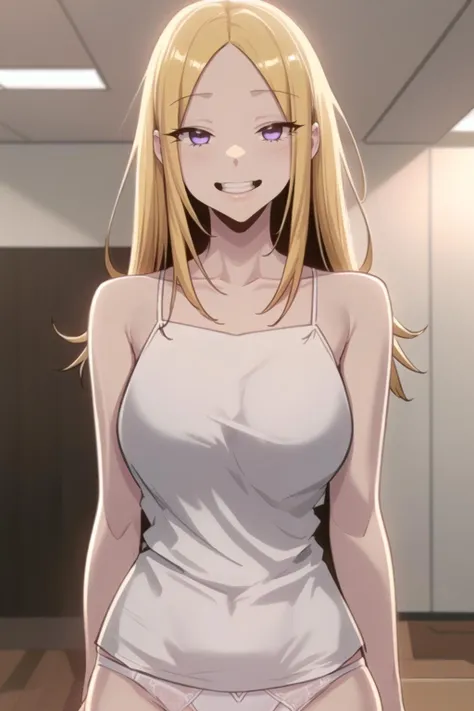 <lora:SuHyun_SSG:1> suhyundef, blonde hair, purple eyes, long hair, looking at viewer,
standing, upper body, white camisole, underwear, white panties, smile, teeth, arms at sides,
masterpiece, best quality,
