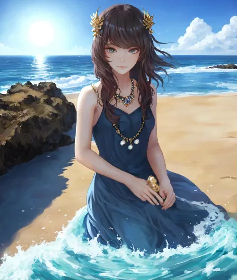 dal, , (intricate detail:1.2), 1girl, Water nymph, seashell necklace with a lustrous pearl, seaweed dress with a flowing hem, seahorse mount with a decorated saddle, ocean current map with a secret shortcut, coral reef with a hidden treasure, Solar system, orbiting planets, asteroid belt, comets, space station, __fantasy situation__, detailed background,