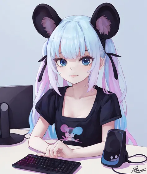 dal, , (intricate detail:1.2), 1girl, :3, animal_ears, animal_on_head, black_hair, blue_eyes, blush_stickers, chibi, earclip, hands, keyboard_(computer), minigirl, mouse_ears, mouse_on_head, multicolored_hair, on_head, parody, red_hair, signature, solo_focus, streaked_hair, too_literal, twintails, virtual_youtuber, white_hair, detailed background,