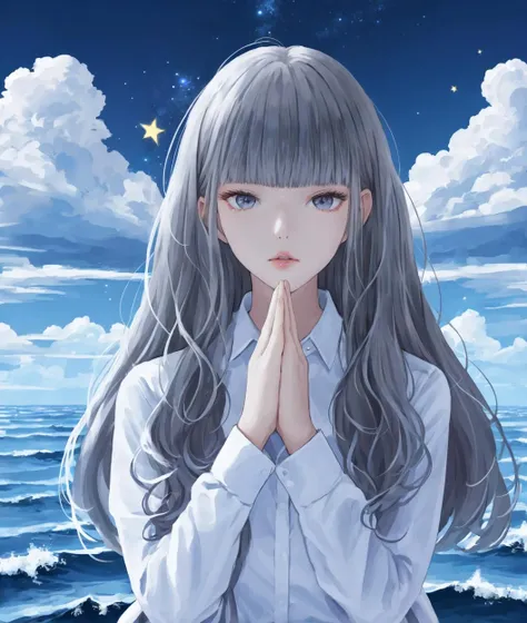 dal, , (intricate detail:1.2), 1girl, awai880, bangs, blunt_bangs, cloud, collared_shirt, grey_eyes, grey_hair, horizon, long_hair, original, own_hands_together, parted_lips, shirt, signature, sky, solo, spot_color, star_(sky), starry_sky, upper_body, water, waves, white_shirt, detailed background,