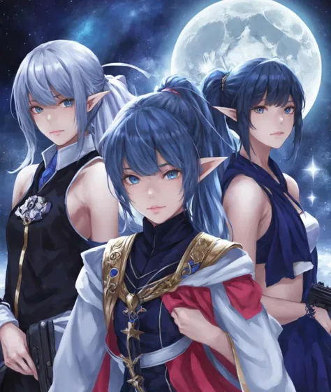 dal, (realistic:1.3), (intricate detail:1.2), 3boys, 3girls, alex_noah, artist_request, bandana, blue_hair, jessica_de_alkirk, kyle_(lunar), luna_noah, lunar, lunar:_the_silver_star, lunar_legend, markings, mia_ausa, multiple_boys, multiple_girls, nall_(lunar), nash_rumack, official_art, pointy_ears, ponytail, sword, weapon, detailed background,