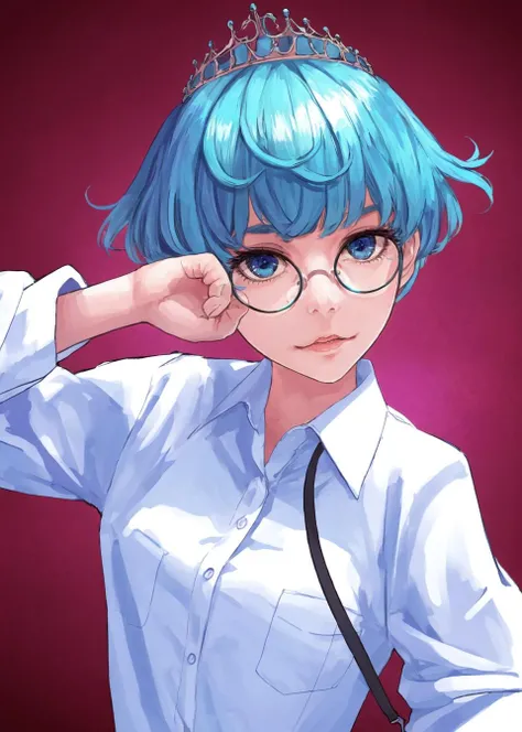 dal, , (intricate detail:1.2), 1girl, solo, bangs, blue_eyes, blonde_hair, shirt, hair_ornament, upper_body, glasses, sleeveless, virtual_youtuber, head_tilt, bob_cut, tiara, round_eyewear, hand_on_own_chin, monocle_hair_ornament, (dynamic pose:1.3), high contrast, anchor theme, hand up, hand,