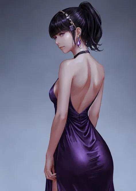 dal, , (intricate detail:1.2), (shiny skin:1.2), breasts, 1girl, jewelry, dress, earrings, necklace, cleavage, hair ornament, realistic, sidelocks, hairclip, bangs, bare shoulders, solo, looking at viewer, large breasts, purple eyes, side ponytail, halterneck, backless dress, backless outfit, closed mouth, lips, grey dress,, (dynamic pose:1.3), high contrast, eerie black theme, hand up, hand,