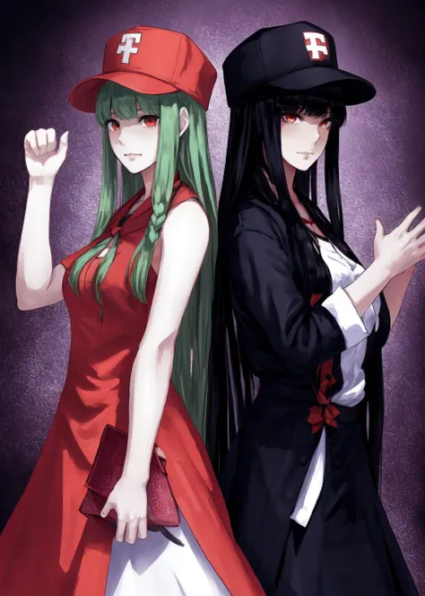 dal, , (intricate detail:1.2), 2girls, animal_ears, braid, carrot, elroadmaster, hat, long_hair, multiple_girls, nurse_cap, photoshop_(medium), reisen_udongein_inaba, touhou, very_long_hair, yagokoro_eirin, (dynamic pose:1.3), high contrast, ochre theme, hand up, hand,