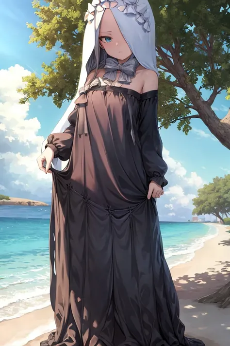 burqa, burqa clothes, censored, behind tree,
girl, ABIGAIL WILLIAMS \(FATE\), beach, best quality, masterpiece