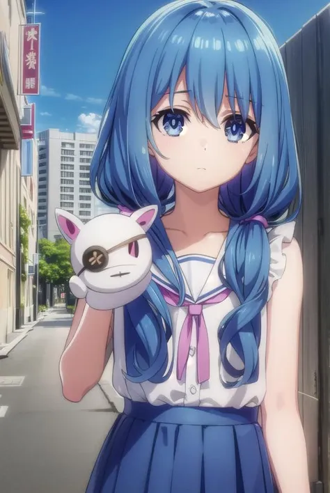 dalyoshino, <lora:dal yoshino s2-lora-nochekaiser:1>,
yoshino casual, long hair, blue eyes, twintails, school uniform, blue hair, eyepatch, puppet, hand puppet, serafuku, sleeveless,
BREAK ,
BREAK outdoors, city, sky, clouds, buildings, sun,
BREAK looking at viewer, (cowboy shot:1.5),
BREAK <lyco:GoodHands-beta2:1>, (masterpiece:1.2), best quality, high resolution, unity 8k wallpaper, (illustration:0.8), (beautiful detailed eyes:1.6), extremely detailed face, perfect lighting, extremely detailed CG, (perfect hands, perfect anatomy),