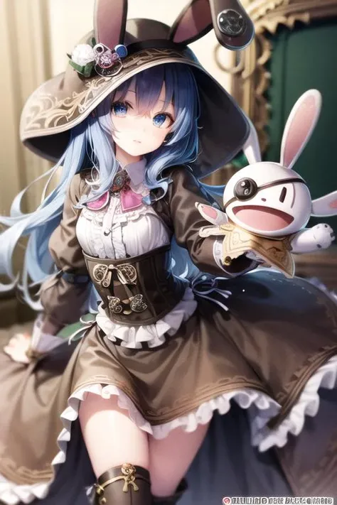 dalyoshino, <lora:yoshino-lora-nochekaiser:1>,
yoshino, blue eyes, blue hair, long hair,
BREAK animal ears, animal hood, boots, coat, eyepatch, green footwear, hand puppet, hood, puppet, rabbit, rabbit ears, stuffed animal, stuffed toy,
SteampunkCh,brown clothin,top hat,gears,corset,gas,metallic,gear dress,<lora:SteamPunkCh:1>,
BREAK <lyco:GoodHands-beta2:1>, (masterpiece:1.2), best quality, high resolution, unity 8k wallpaper, (illustration:0.8), (beautiful detailed eyes:1.6), extremely detailed face, perfect lighting, extremely detailed CG, (perfect hands, perfect anatomy),
standing, skirt lift, curtsey,looking at viewer,