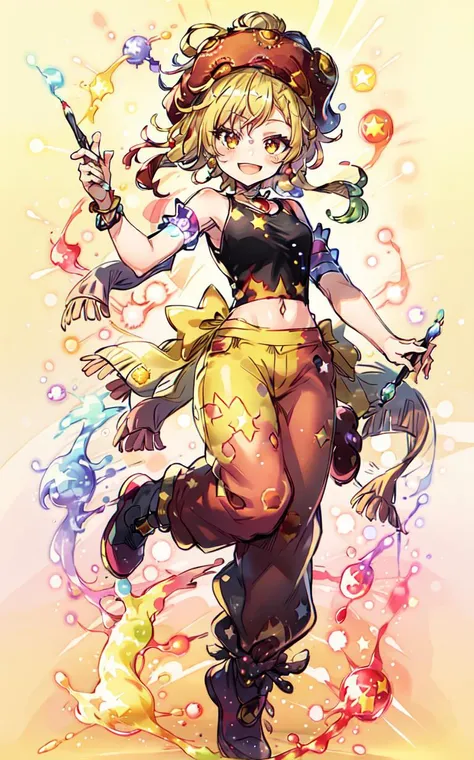 masterpiece, best quality, Relm Arrowny holding a paintbrush, intricate red hat, black tank top, red genie pants with yellow stars, paint splash, happy, smile, rainbow theme, intricate details, full body, psychedelic background, sfw, <lora:Relm Arrowny:1>