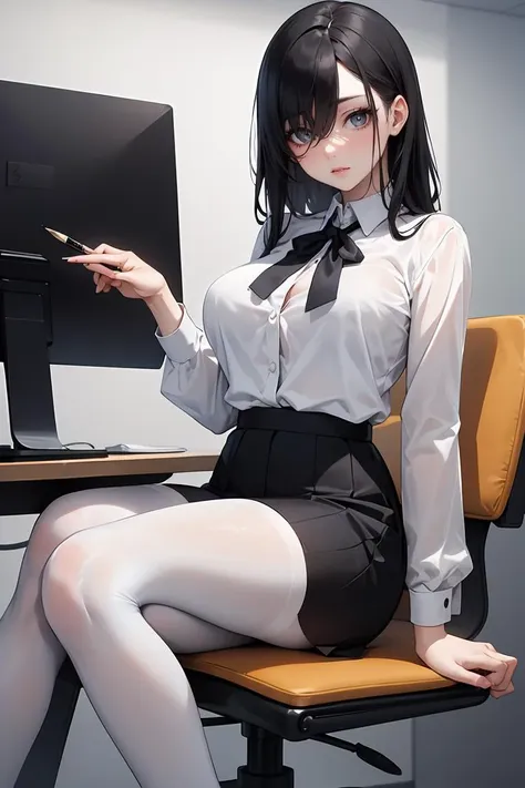 (masterpiece, best quality), a young black haired girl office secretary dressed in a transparent white blouse and black office skirt and black pantyhose ,sitting in an office chair, holding pencil, (detailed skin:1.3),(detailed eyes), (sharp focus), <lora:add_detail:1>