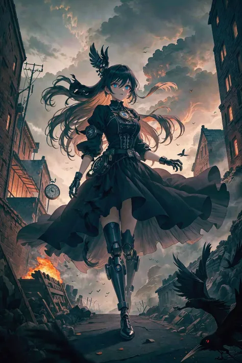 huge documents,high details,{masterpiece},{best quality},gear (series),[[steampunk]],black smoke,gear clock tower,[[smoke filled abandoned city]],{{1 girl}},white long hair,messy hair,hair fluttering in the wind,{an extremely delicate and beautiful girl},gear boots,brown gloves,{ragged clothes},medium chest circumference,{crows},beautiful detail eyes,mechanical prosthesis,{{Gothic dress - (black)}},{{many black feathers}},many sporadic black feathers,{{{gear mechanism}}},{{{upper body}}},doll,, masterpiece,best quality,highly detailed,Amazing,finely detail,extremely detailed CG unity 8k wallpaper,score:>=60,, beautiful detailed eyes,Fine hair texture,