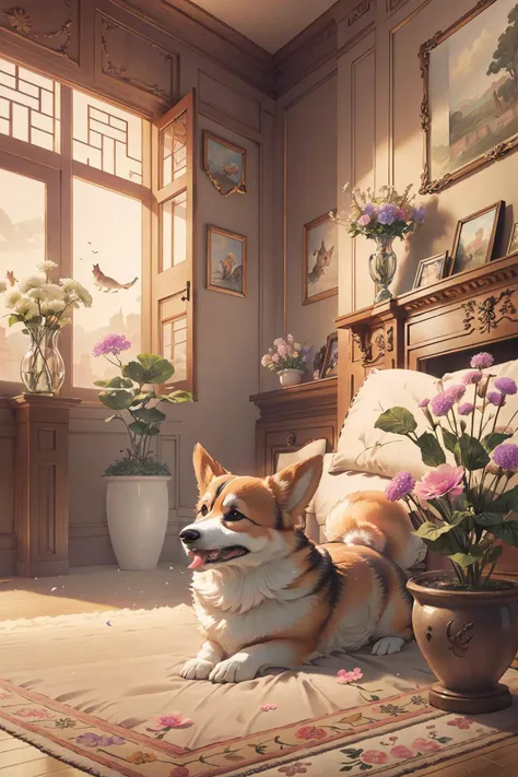 <lora:2_å¨ç©æ¨¡å丨æ¯åº MG_CORGI_V1.0:0.75>,mangguo,welsh corgi,dog,animal,no humans,:d,on stomach,indoor,palace,sculpture,carpet,stuffed_animal,pillow,flower,flower_bloom,, masterpiece,best quality,highly detailed,Amazing,finely detail,extremely detailed CG unity 8k wallpaper,score:>=60,