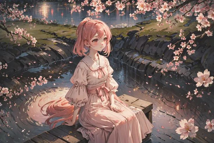((best quality, masterpiece, absurbres)), Close-up, Soft Colors, Pastel, Peach, 2 Girls, Aesthetic Fashion, Cherry Blossom at night, Natural Lighting