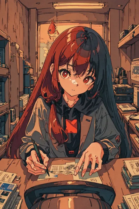 bedroom, desk, hacking, hacker, computer, games, chuunibyou, 1girl, fisheyes, very long hair, red hair, red eyes <lora:ligneClaireStyleCogecha_v40:1>