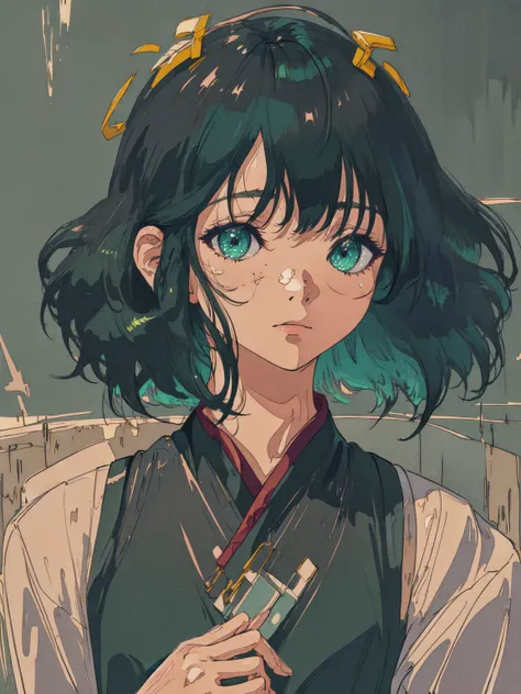 ((photorealistic:1.4)), finely detail, full-body shot, detailed full body features, ((1 girl)), ((solo)), ((extremely detailed face)), chinese girl, ((short straight hair)), ((black hair, bangs)), ((green hair)), perfect lighting, masterpiece, best quality, ultra-detailed, kawaii, chest, long hanfu, light, color, texture, detail, beauty, wonder, colorful, <lora:ligneClaireStyleCogecha_v40:1>
