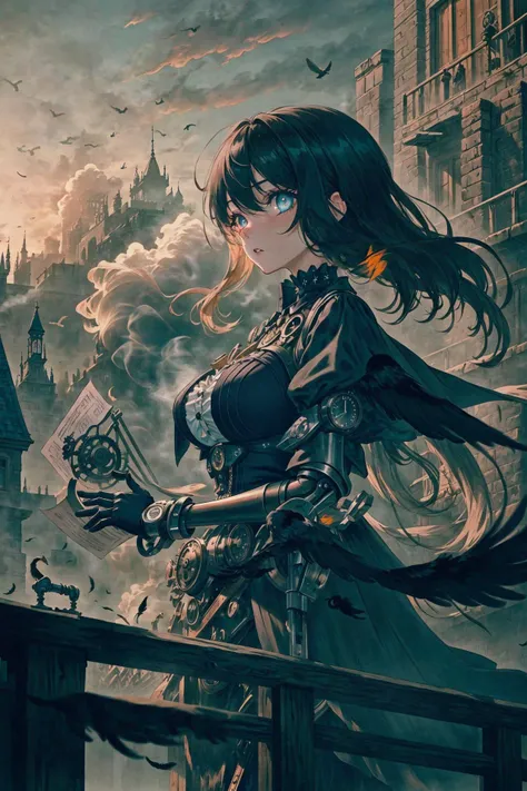 huge documents,high details,{masterpiece},{best quality},gear (series),[[steampunk]],black smoke,gear clock tower,[[smoke filled abandoned city]],{{1 girl}},white long hair,messy hair,hair fluttering in the wind,{an extremely delicate and beautiful girl},gear boots,brown gloves,{ragged clothes},medium chest circumference,{crows},beautiful detail eyes,mechanical prosthesis,{{Gothic dress - (black)}},{{many black feathers}},many sporadic black feathers,{{{gear mechanism}}},{{{upper body}}},doll,, masterpiece,best quality,highly detailed,Amazing,finely detail,extremely detailed CG unity 8k wallpaper,score:>=60,, beautiful detailed eyes,Fine hair texture,