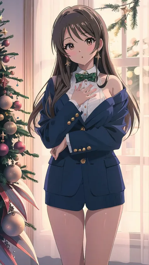 masterpiece, anime, 1girl, sexy pose, {edging clothes|nude}, cool & sexy \(idolmaster\), hiding hands, {sfw|nsfw}, christmas, christmas suit
