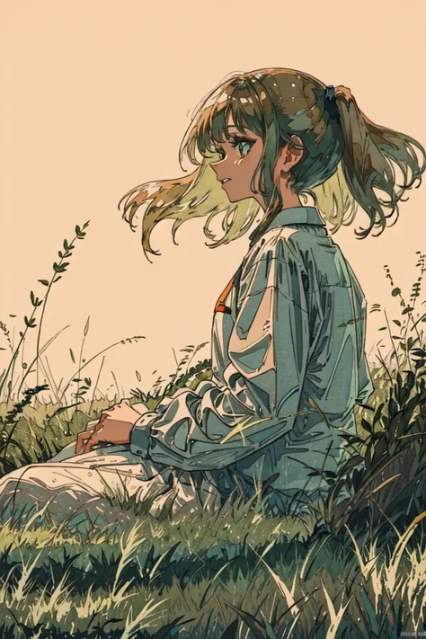 1girl,white background, cowboy shot,1girl sitting on grass <lora:ligneClaireStyleCogecha_v40:1>